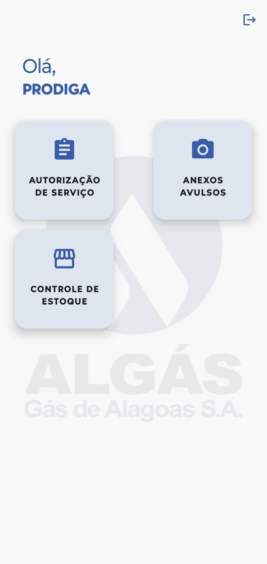 Tela inicial do aplicativo, com os módulos Autorização de Serviço, Anexos Avulsos e Controle de Estoque.