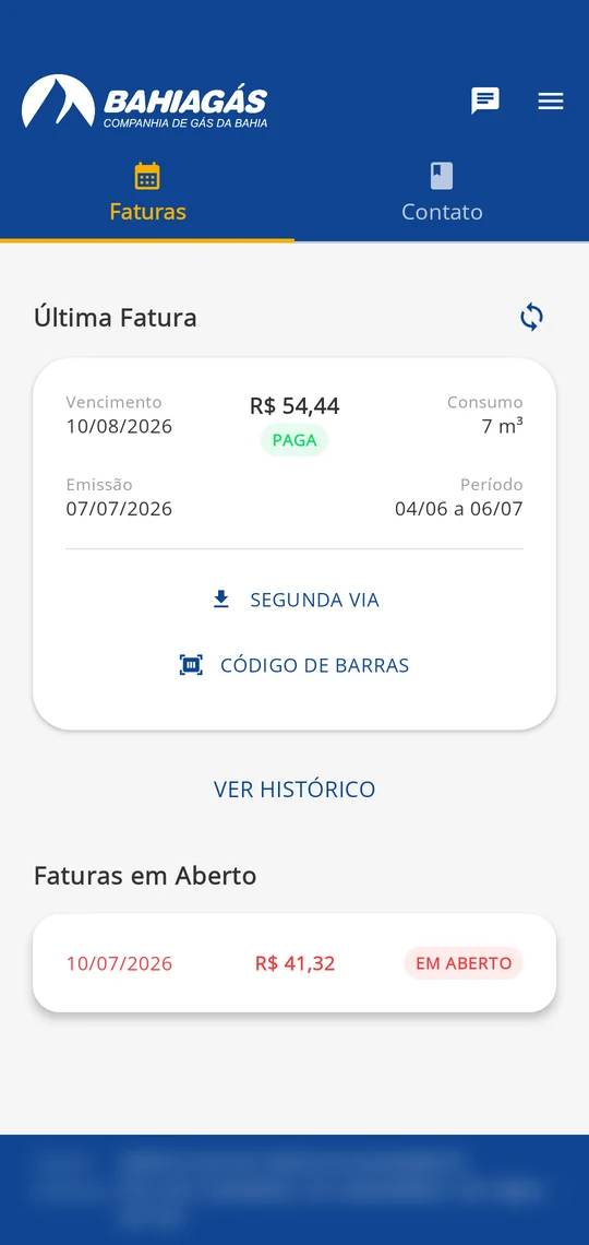 Tela de faturas do Bahiagás Virtual, com a última fatura, segunda via, código de barras e faturas em aberto.