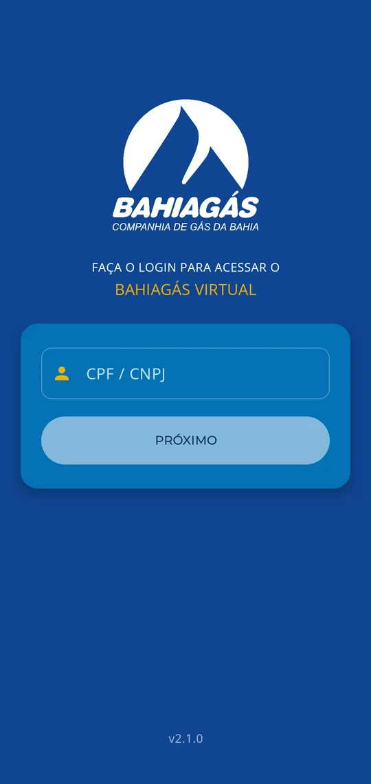 Tela de acesso do Bahiagás Virtual, com entrada por CPF ou CNPJ.